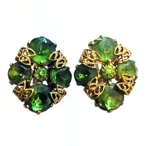 Antique Collectible Signed Czechoslovakia Green & Gold Earrings